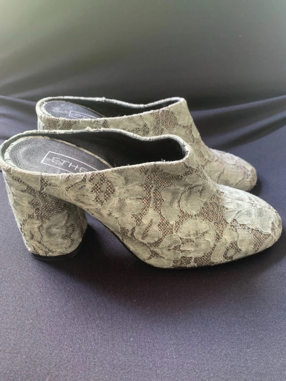 ETHEM Green Lace Jacquard Delevan Chunky Block Heel Mules Made in Spain Size 6